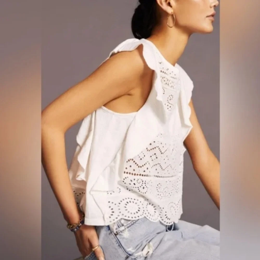 Anthropologie White Sustainable Lace Eyelet Blouse Large - Picture 2 of 8